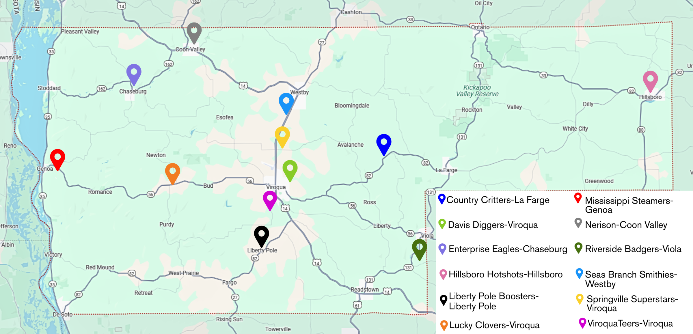 A map of Vernon County that is marked with color-coordinated markers that signify the approximate locations each club holds their meetings.
Country Critters meets near La Farge.
Davis Diggers meets near Viroqua.
Enterprise Eagles meets near Chaseburg.
Hillsboro Hotshots meets west of Hillsboro.
Liberty Pole Boosters meets in Liberty Pole.
Lucky Clovers meets halfway between Viroqua and Genoa.
Mississippi Steamers meets in Genoa.
Nerison meets near Coon Valley.
Riverside Badgers meets in between Viola and Readstown.
Seas Branch Smithies meets near Westby.
Springville Superstars meets between Viroqua and Westby.
ViroquaTeers meets near Viroqua.