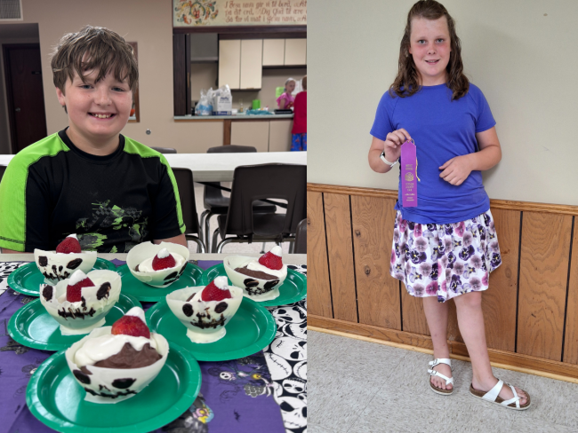 Includes two photos, a youth poses behind his themed chocolate strawberry mouse cups. A youth wears a skirt and holds a merit ribbon she received for it.